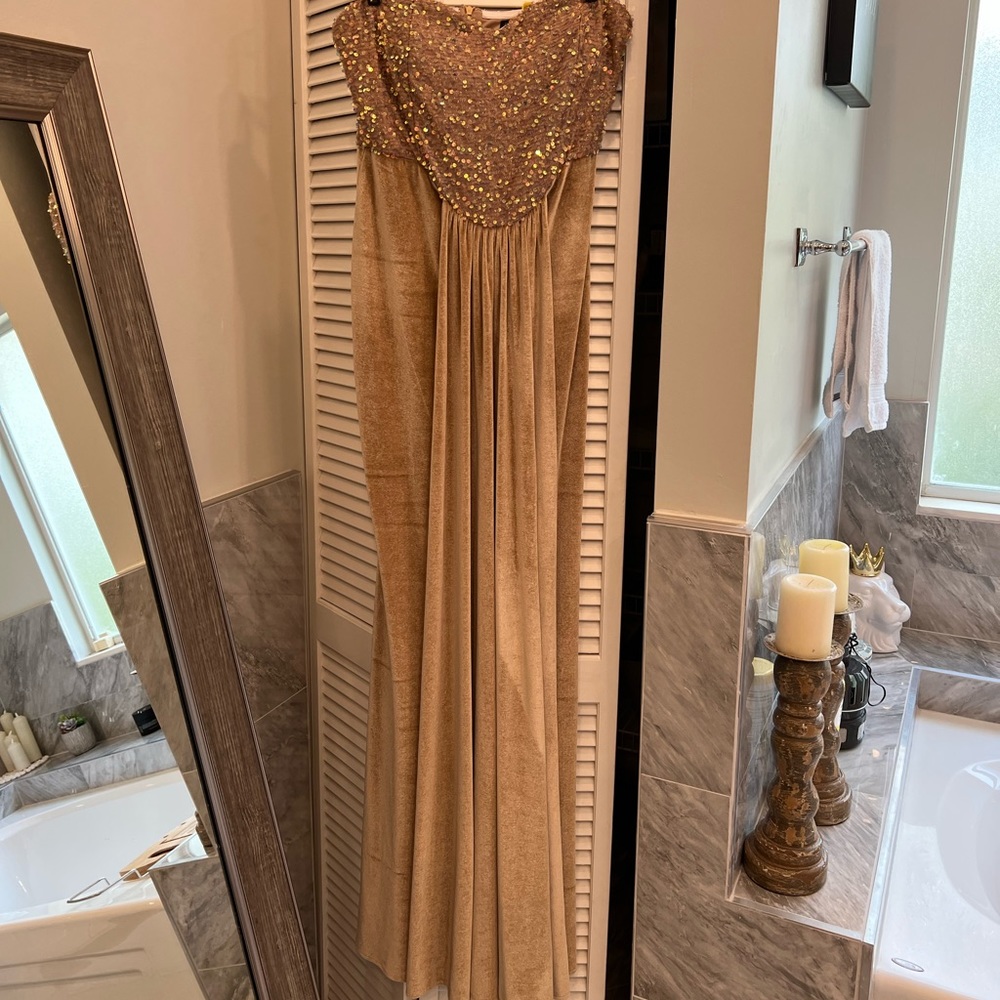 Gold strapless velvet evening gown